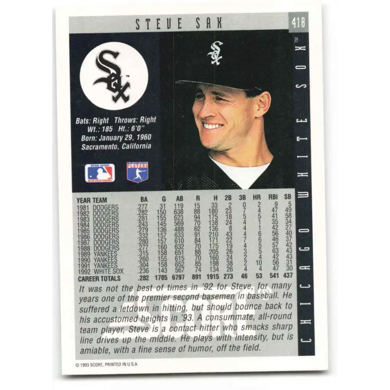 1993 Score #418 Steve Sax NM-MT Chicago White Sox Baseball Card - Baseball Card Single