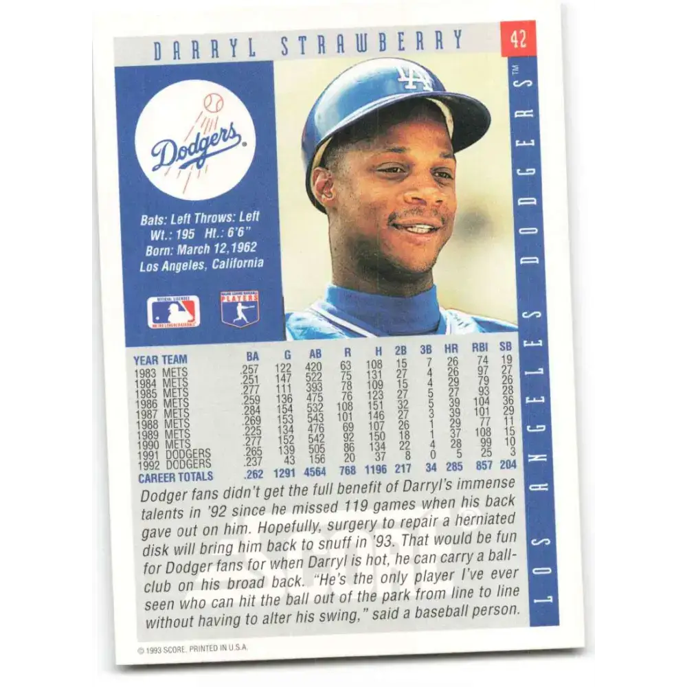 1993 Score #42 Darryl Strawberry NM-MT Los Angeles Dodgers Baseball Card - Baseball Card Single