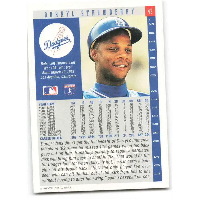 1993 Score #42 Darryl Strawberry NM-MT Los Angeles Dodgers Baseball Card - Baseball Card Single