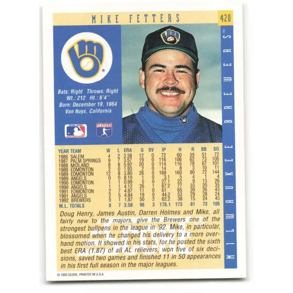 1993 Score #420 Mike Fetters NM-MT Milwaukee Brewers Baseball Card - Baseball Card Single