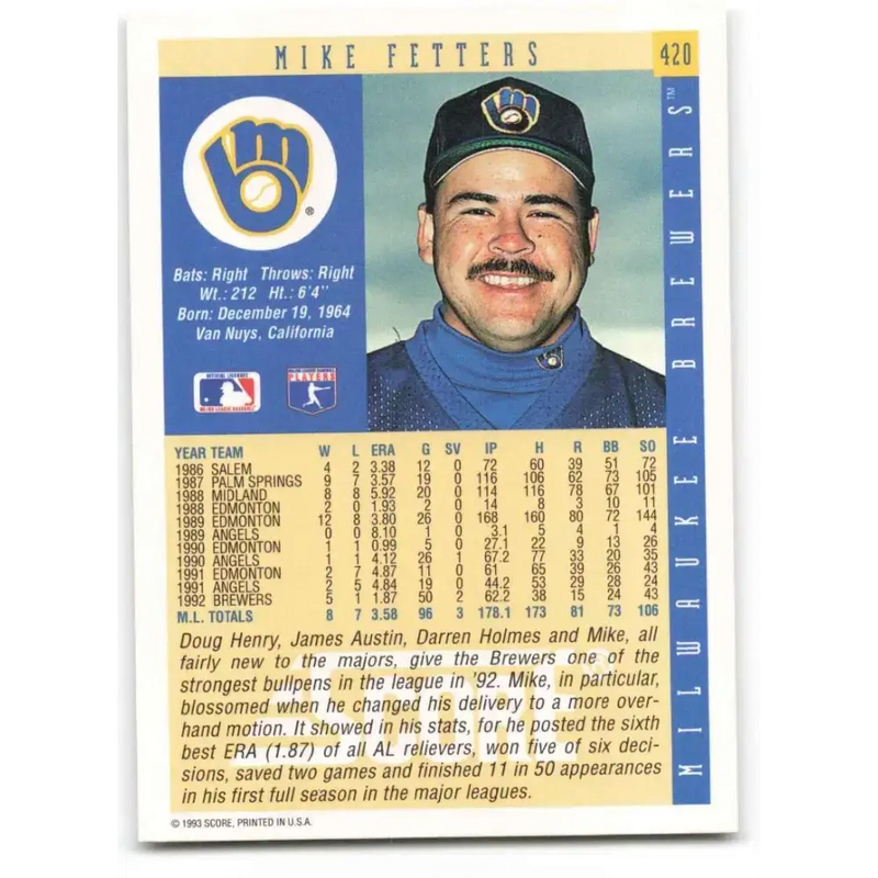 1993 Score #420 Mike Fetters NM-MT Milwaukee Brewers Baseball Card - Baseball Card Single
