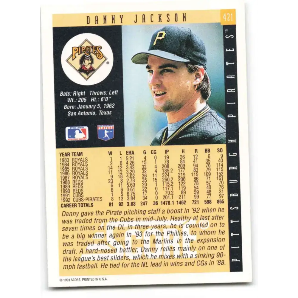 1993 Score #421 Danny Jackson NM-MT Pittsburgh Pirates Baseball Card - Baseball Card Single