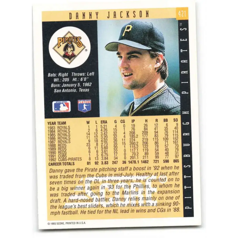 1993 Score #421 Danny Jackson NM-MT Pittsburgh Pirates Baseball Card - Baseball Card Single