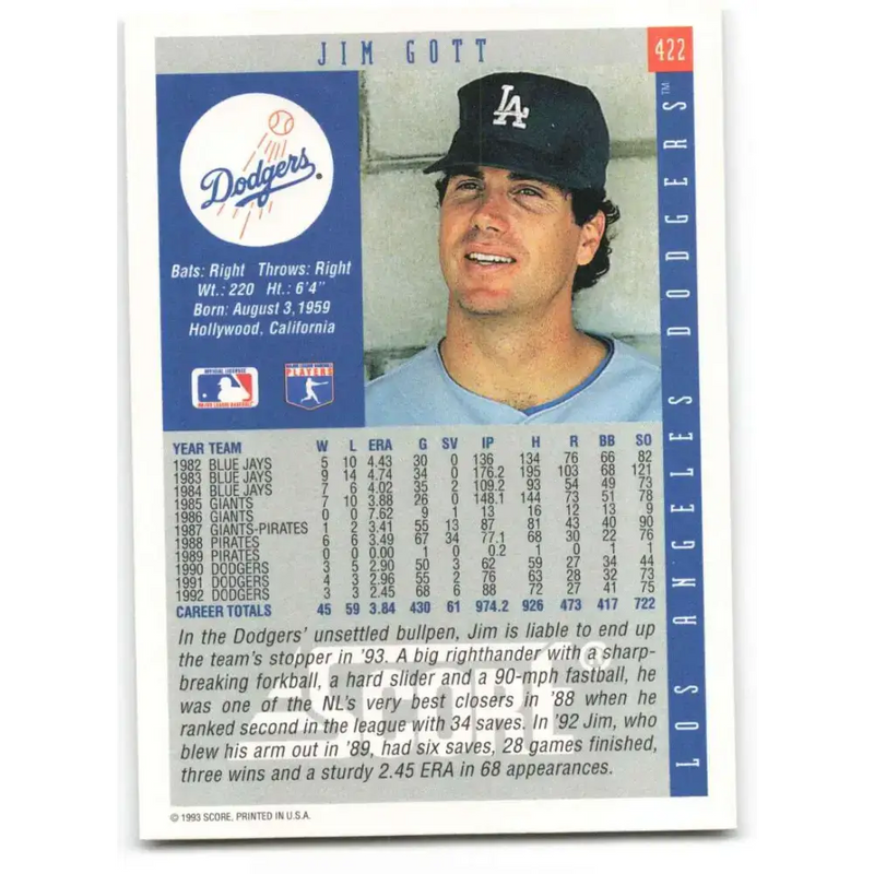 1993 Score #422 Jim Gott NM-MT Los Angeles Dodgers Baseball Card - Baseball Card Single