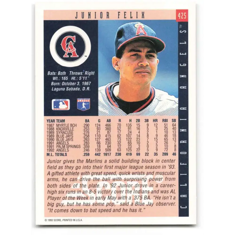 1993 Score #425 Junior Felix NM-MT California Angels Baseball Card - Baseball Card Single
