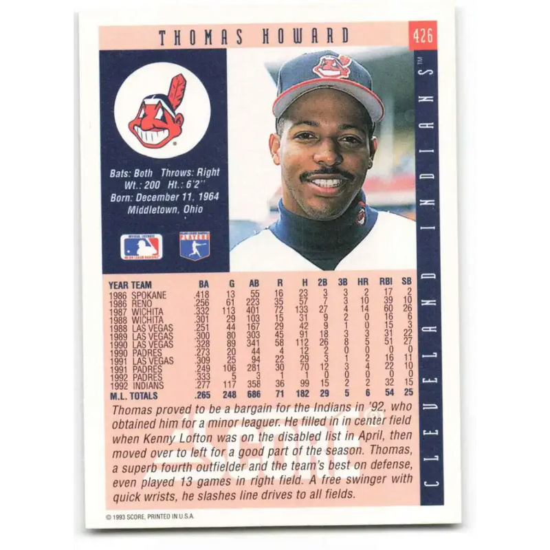 1993 Score #426 Thomas Howard NM-MT Cleveland Indians Baseball Card - Baseball Card Single