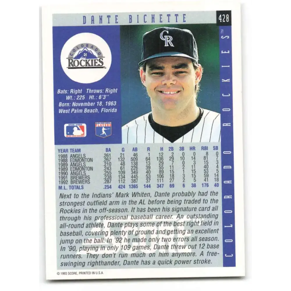 1993 Score #428 Dante Bichette NM-MT Colorado Rockies Baseball Card - Baseball Card Single