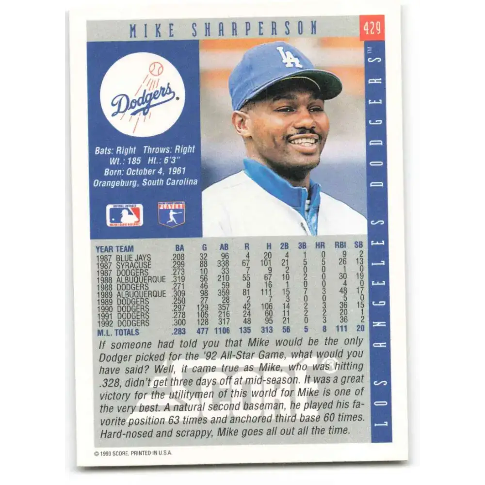 1993 Score #429 Mike Sharperson NM-MT Los Angeles Dodgers Baseball Card - Baseball Card Single