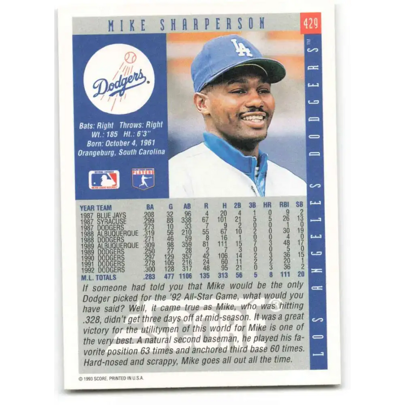 1993 Score #429 Mike Sharperson NM-MT Los Angeles Dodgers Baseball Card - Baseball Card Single