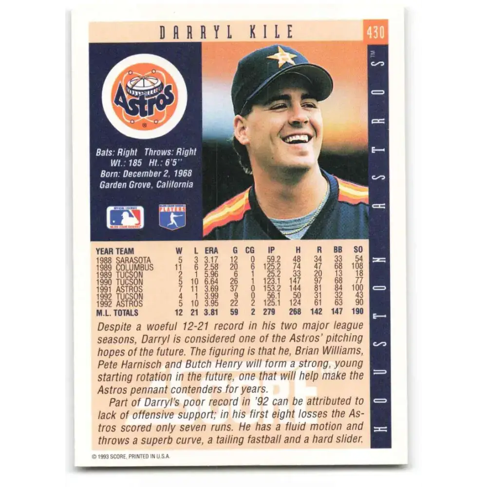 1993 Score #430 Darryl Kile NM-MT Houston Astros Baseball Card - Baseball Card Single