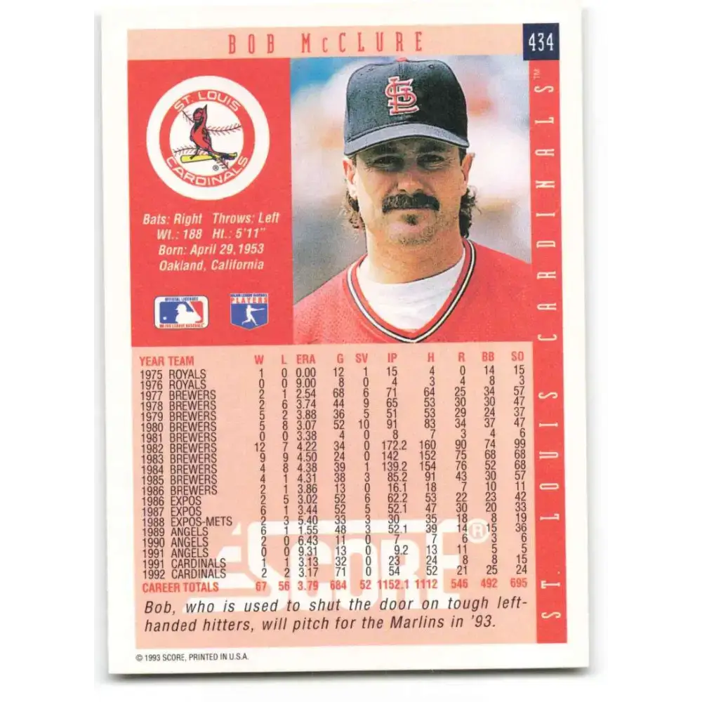 1993 Score #434 Bob McClure NM-MT St. Louis Cardinals Baseball Card - Baseball Card Single
