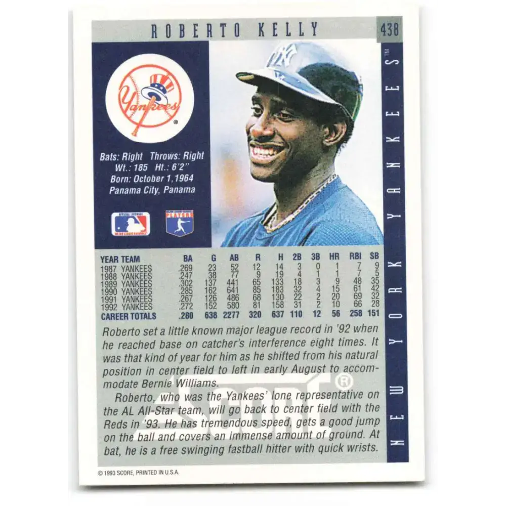 1993 Score #438 Roberto Kelly NM-MT New York Yankees Baseball Card - Baseball Card Single