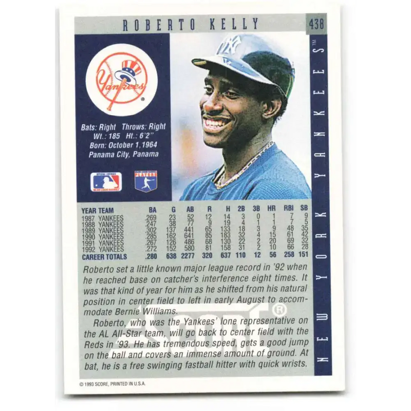 1993 Score #438 Roberto Kelly NM-MT New York Yankees Baseball Card - Baseball Card Single