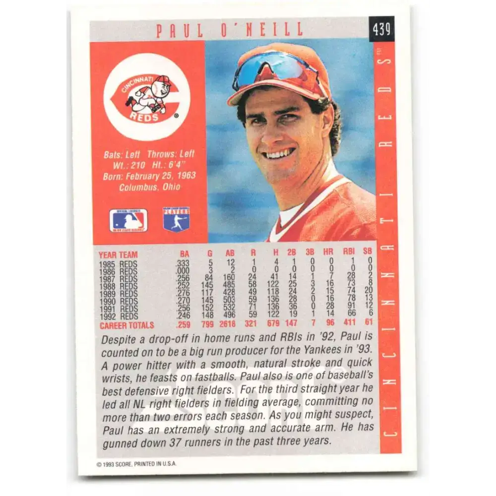 1993 Score #439 Paul O’Neill NM-MT Cincinnati Reds Baseball Card - Baseball Card Single