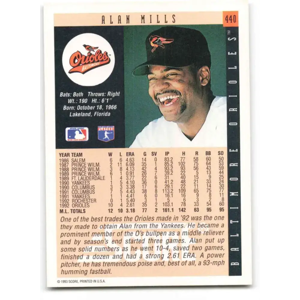 1993 Score #440 Alan Mills NM-MT Baltimore Orioles Baseball Card - Baseball Card Single