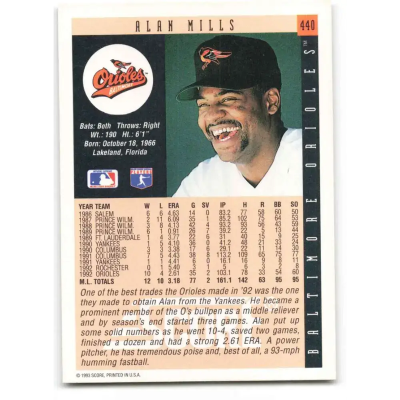 1993 Score #440 Alan Mills NM-MT Baltimore Orioles Baseball Card - Baseball Card Single