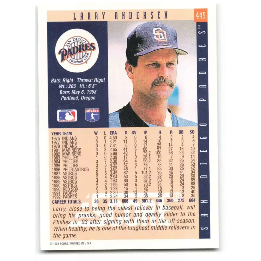 1993 Score #445 Larry Andersen NM-MT San Diego Padres Baseball Card - Baseball Card Single