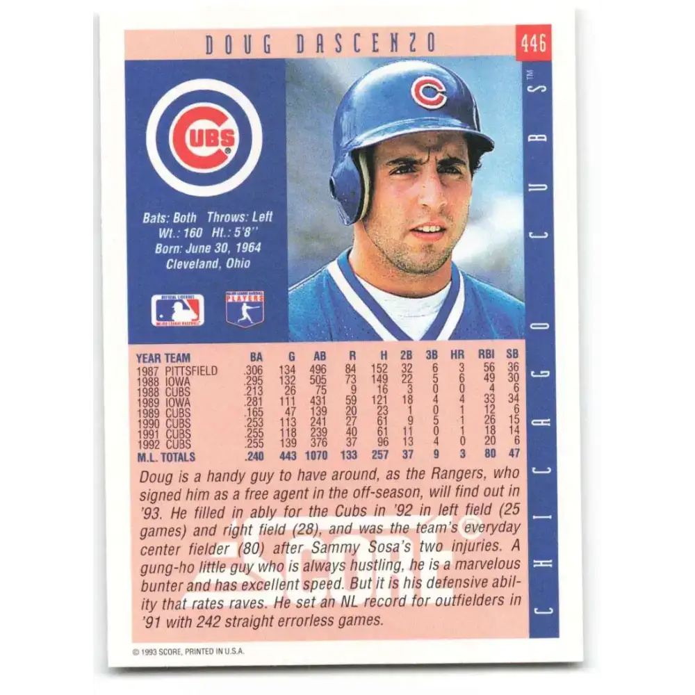 1993 Score #446 Doug Dascenzo NM-MT Chicago Cubs Baseball Card - Baseball Card Single