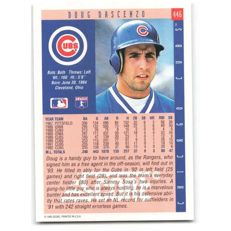 1993 Score #446 Doug Dascenzo NM-MT Chicago Cubs Baseball Card - Baseball Card Single