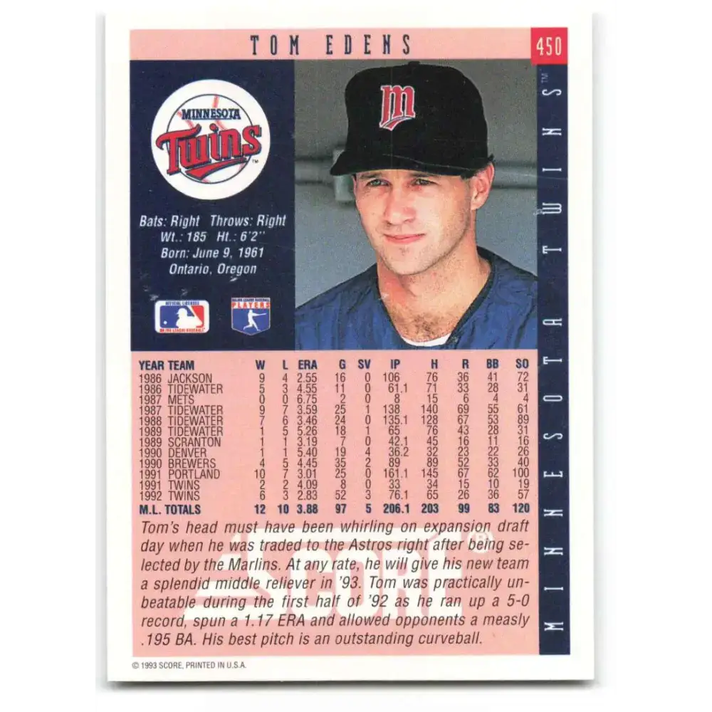 1993 Score #450 Tom Edens NM-MT Minnesota Twins Baseball Card - Baseball Card Single