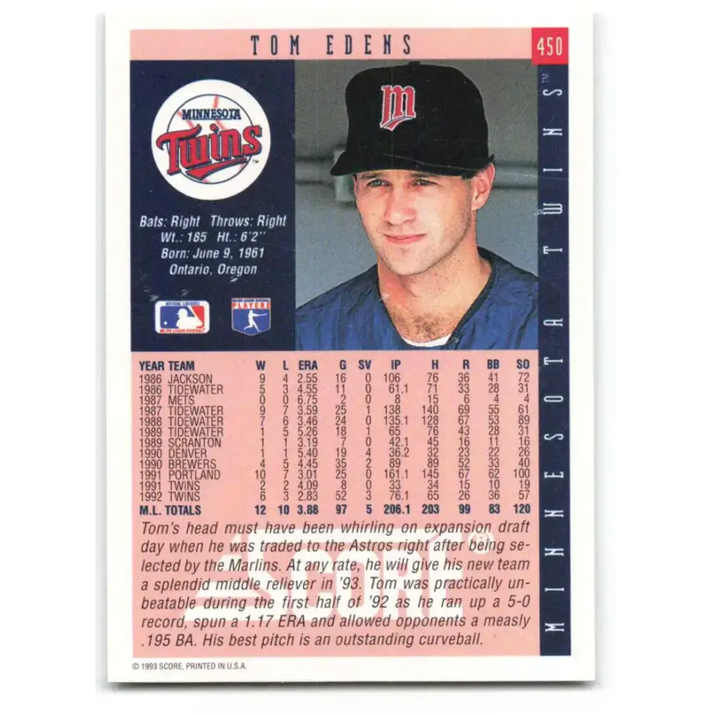 1993 Score #450 Tom Edens NM-MT Minnesota Twins Baseball Card - Baseball Card Single