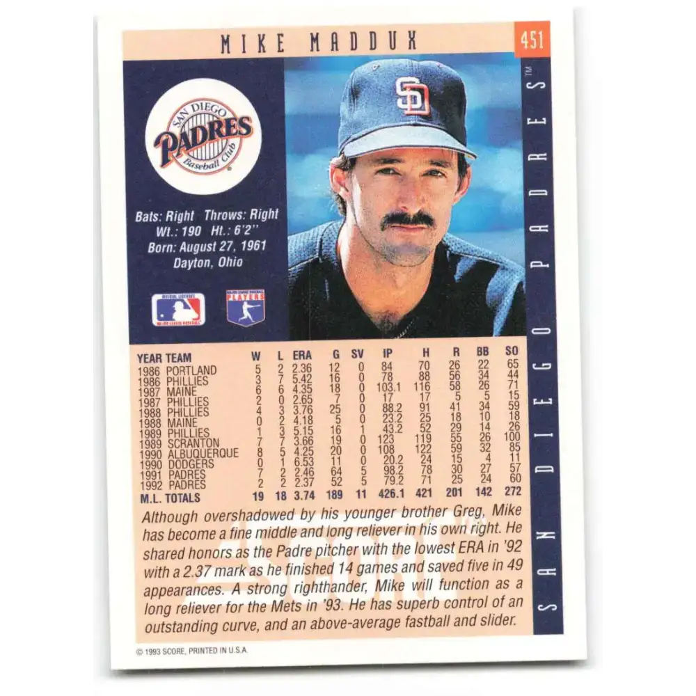 1993 Score #451 Mike Maddux NM-MT San Diego Padres Baseball Card - Baseball Card Single