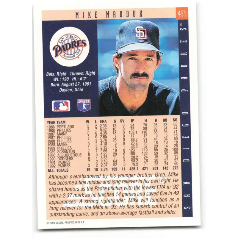 1993 Score #451 Mike Maddux NM-MT San Diego Padres Baseball Card - Baseball Card Single