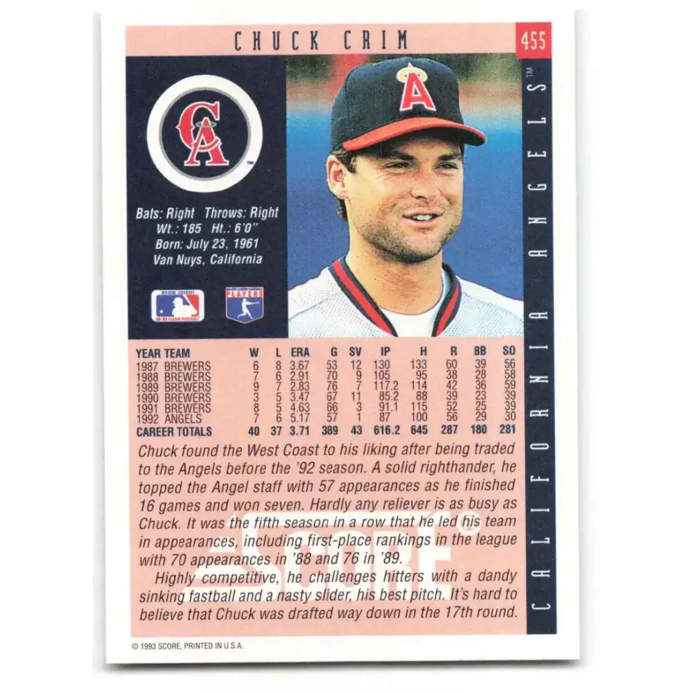 1993 Score #455 Chuck Crim NM-MT California Angels Baseball Card - Baseball Card Single
