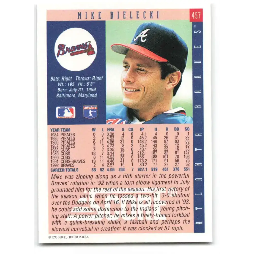 1993 Score #457 Mike Bielecki NM-MT Atlanta Braves Baseball Card - Baseball Card Single