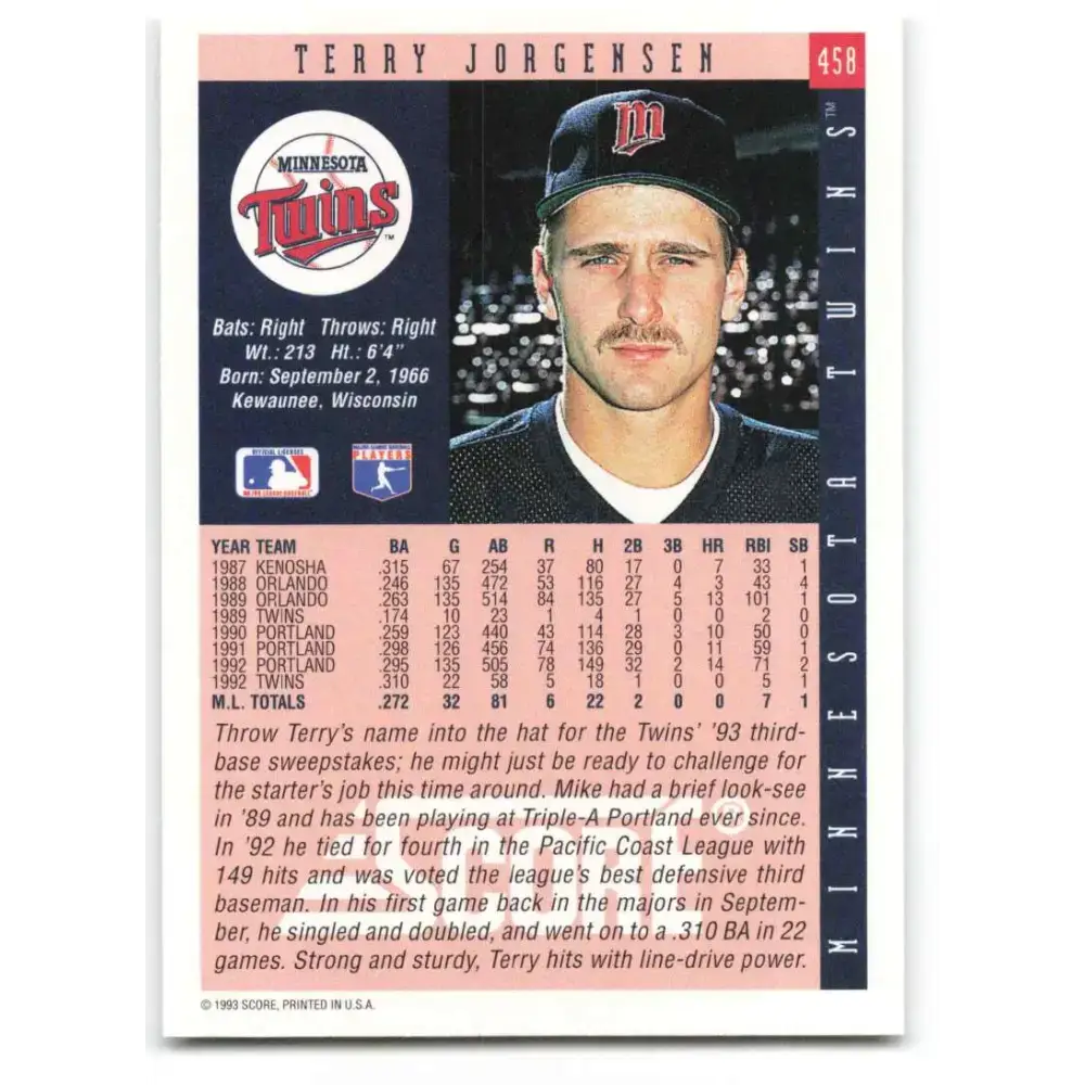1993 Score #458 Terry Jorgensen NM-MT Minnesota Twins Baseball Card - Baseball Card Single