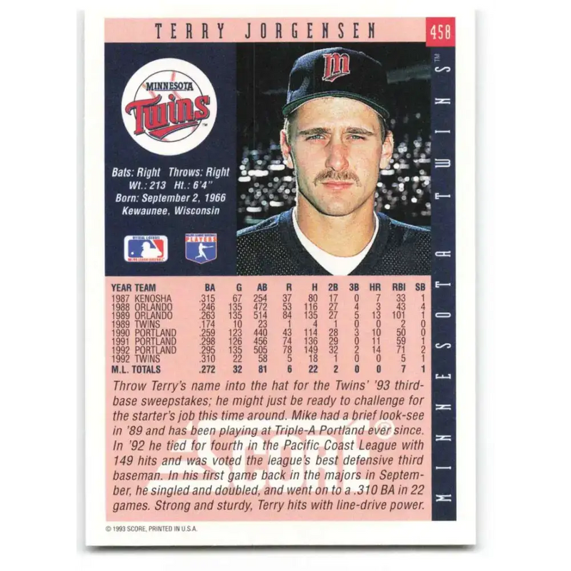 1993 Score #458 Terry Jorgensen NM-MT Minnesota Twins Baseball Card - Baseball Card Single