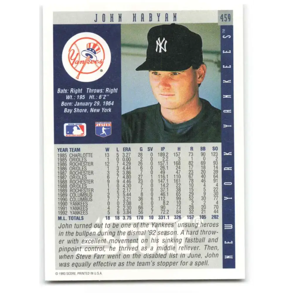 1993 Score #459 John Habyan NM-MT New York Yankees Baseball Card - Baseball Card Single