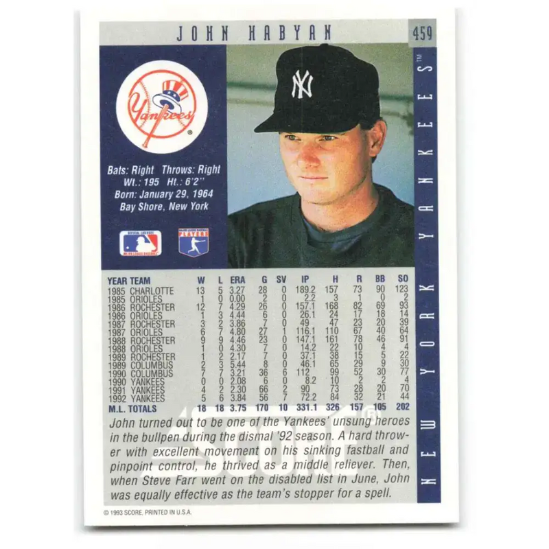 1993 Score #459 John Habyan NM-MT New York Yankees Baseball Card - Baseball Card Single