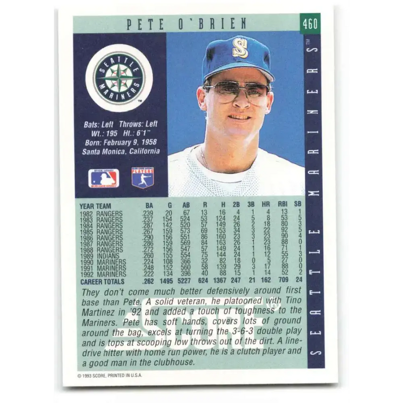 1993 Score #460 Pete O’Brien NM-MT Seattle Mariners Baseball Card - Baseball Card Single