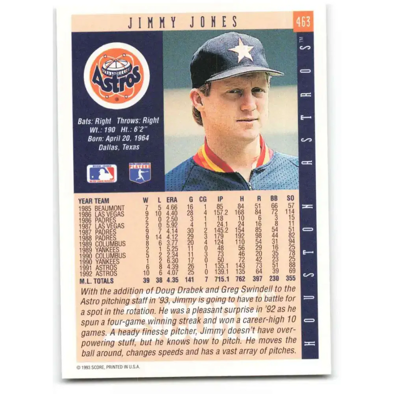 1993 Score #463 Jimmy Jones NM-MT Houston Astros Baseball Card - Baseball Card Single