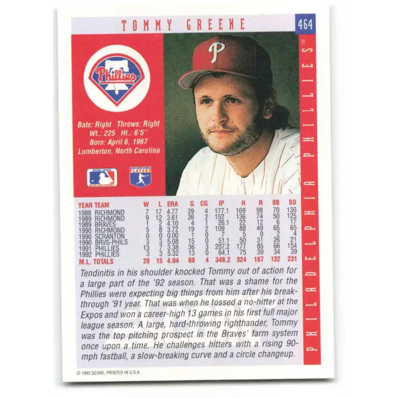 1993 Score #464 Tommy Greene NM-MT Philadelphia Phillies Baseball Card - Baseball Card Single