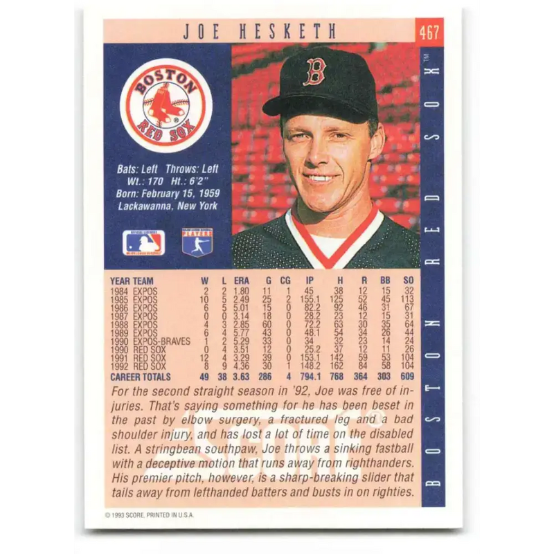 1993 Score #467 Joe Hesketh NM-MT Boston Red Sox Baseball Card - Baseball Card Single