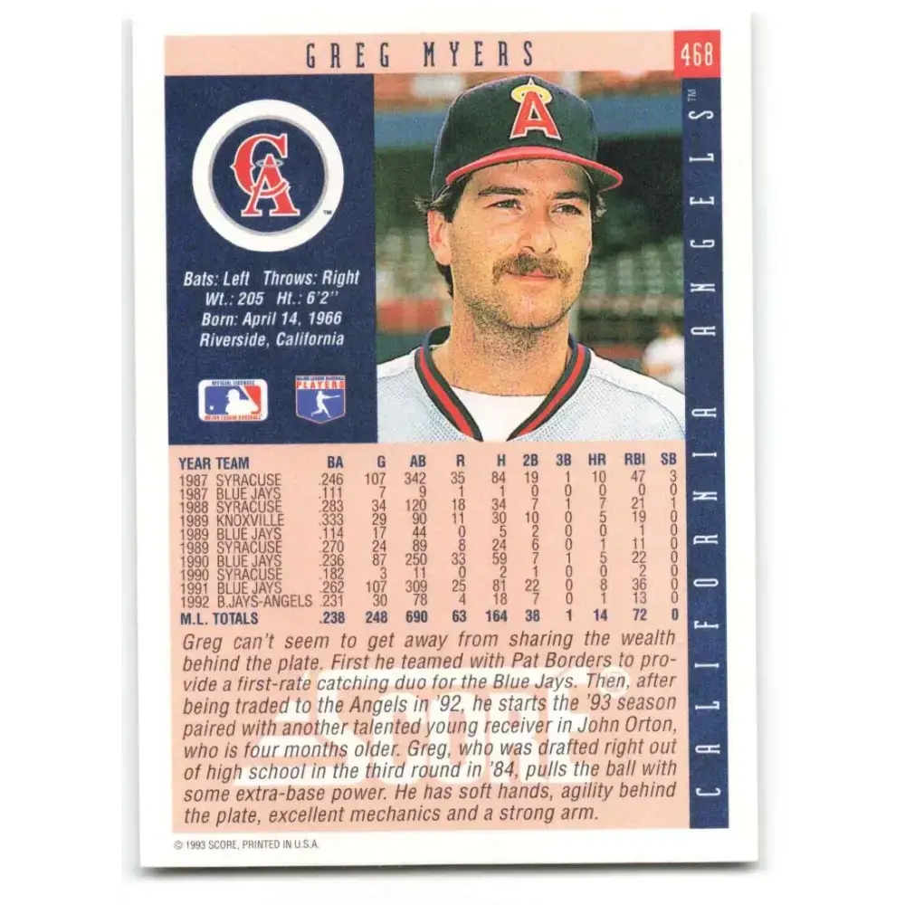 1993 Score #468 Greg Myers NM-MT California Angels Baseball Card - Baseball Card Single