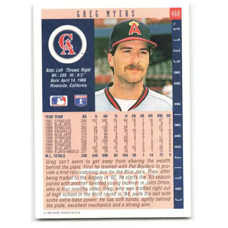 1993 Score #468 Greg Myers NM-MT California Angels Baseball Card - Baseball Card Single