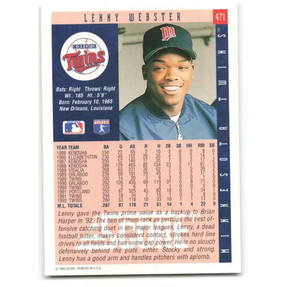 1993 Score #471 Lenny Webster NM-MT Minnesota Twins Baseball Card - Baseball Card Single