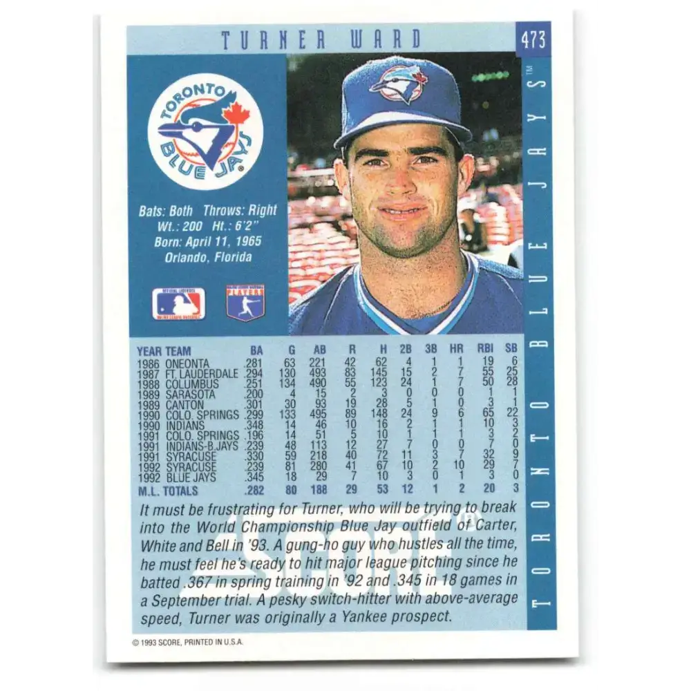 1993 Score #473 Turner Ward NM-MT Toronto Blue Jays Baseball Card - Baseball Card Single
