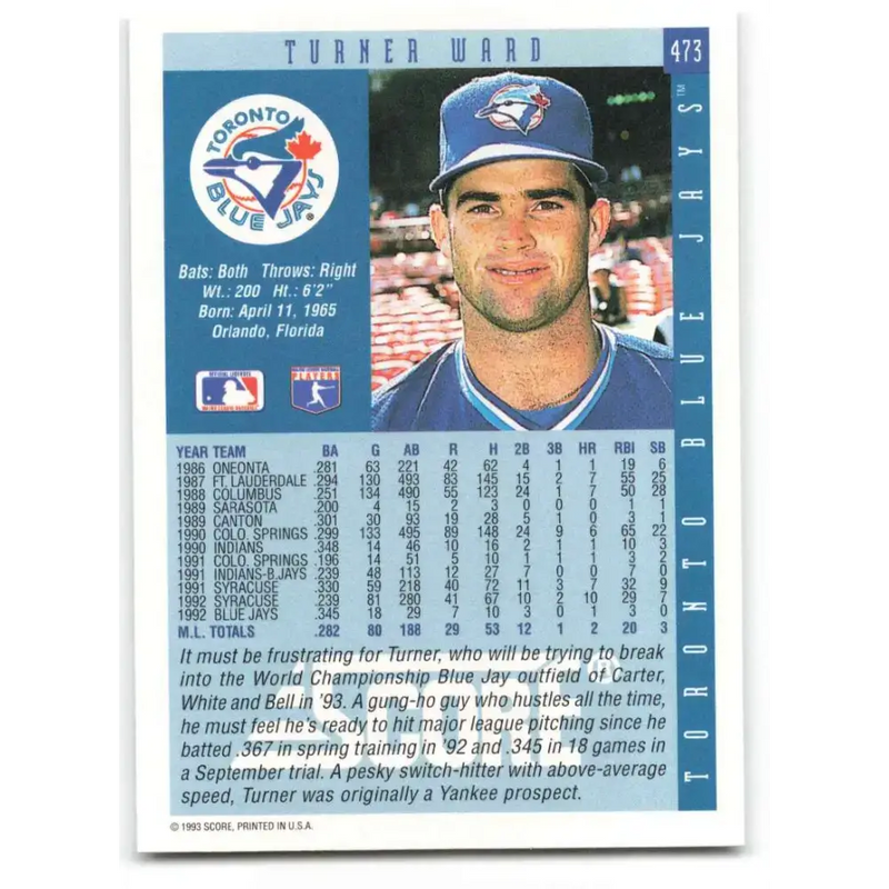1993 Score #473 Turner Ward NM-MT Toronto Blue Jays Baseball Card - Baseball Card Single