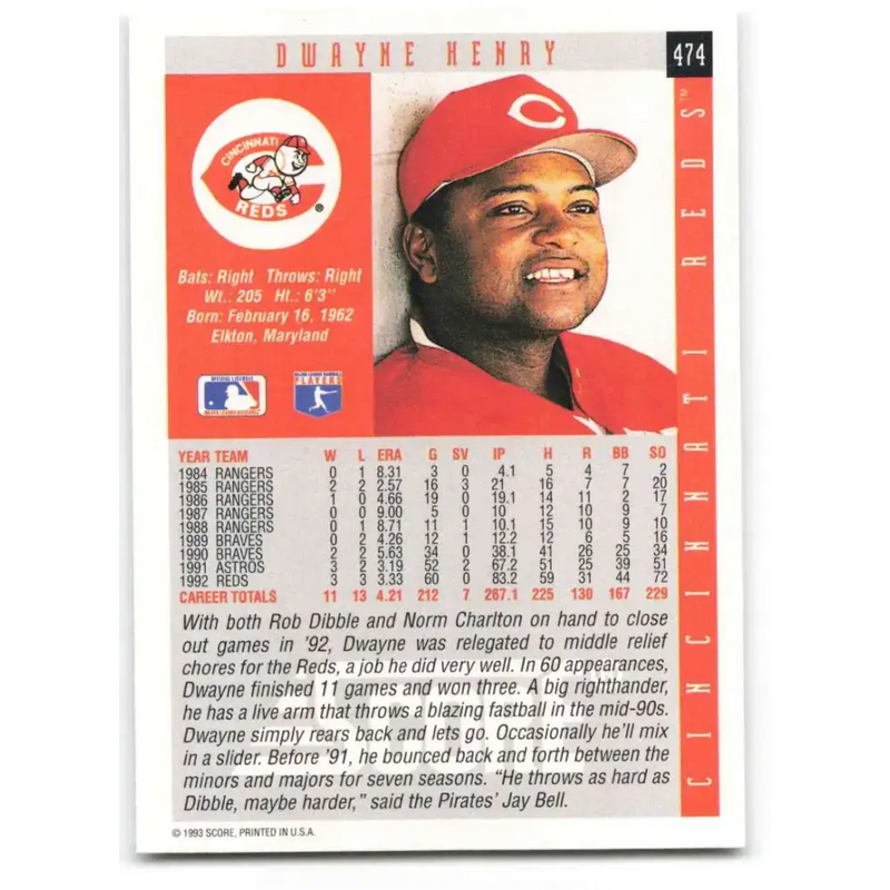 1993 Score #474 Dwayne Henry NM-MT Cincinnati Reds Baseball Card - Baseball Card Single