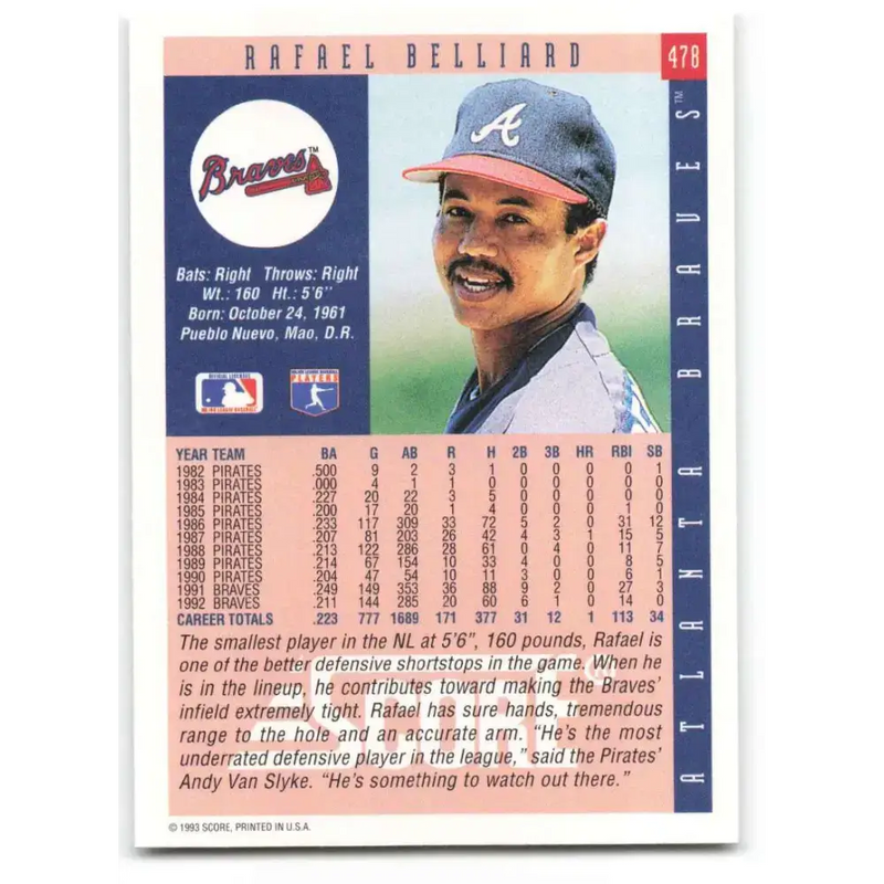 1993 Score #478 Rafael Belliard NM-MT Atlanta Braves Baseball Card - Baseball Card Single