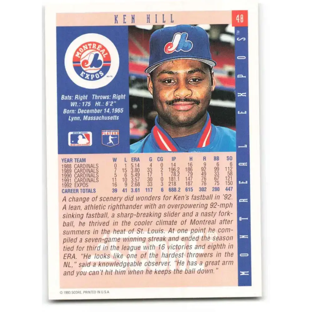 1993 Score #48 Ken Hill NM-MT Montreal Expos Baseball Card - Baseball Card Single