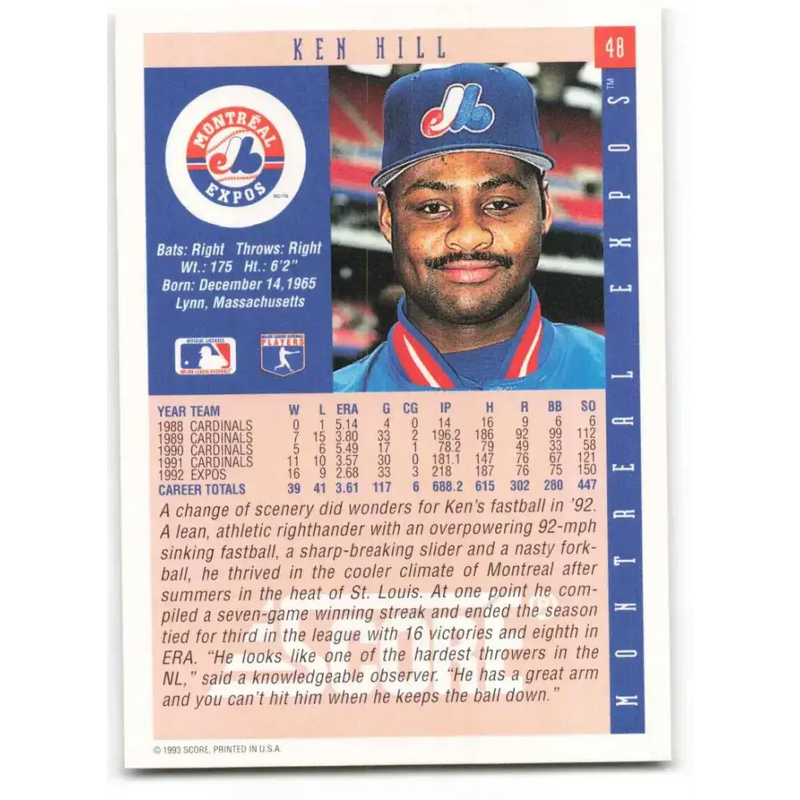 1993 Score #48 Ken Hill NM-MT Montreal Expos Baseball Card - Baseball Card Single