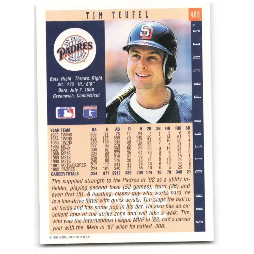 1993 Score #480 Tim Teufel NM-MT San Diego Padres Baseball Card - Baseball Card Single
