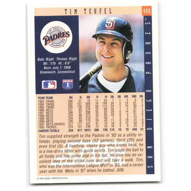 1993 Score #480 Tim Teufel NM-MT San Diego Padres Baseball Card - Baseball Card Single