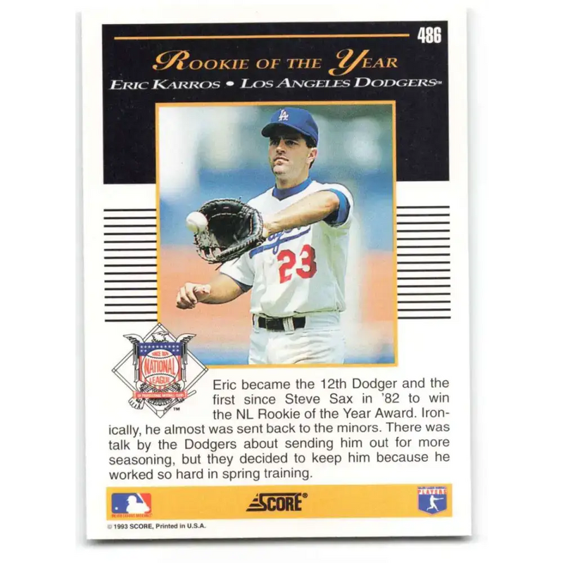 1993 Score #486 Eric Karros AW NM-MT Los Angeles Dodgers Baseball Card - Baseball Card Single