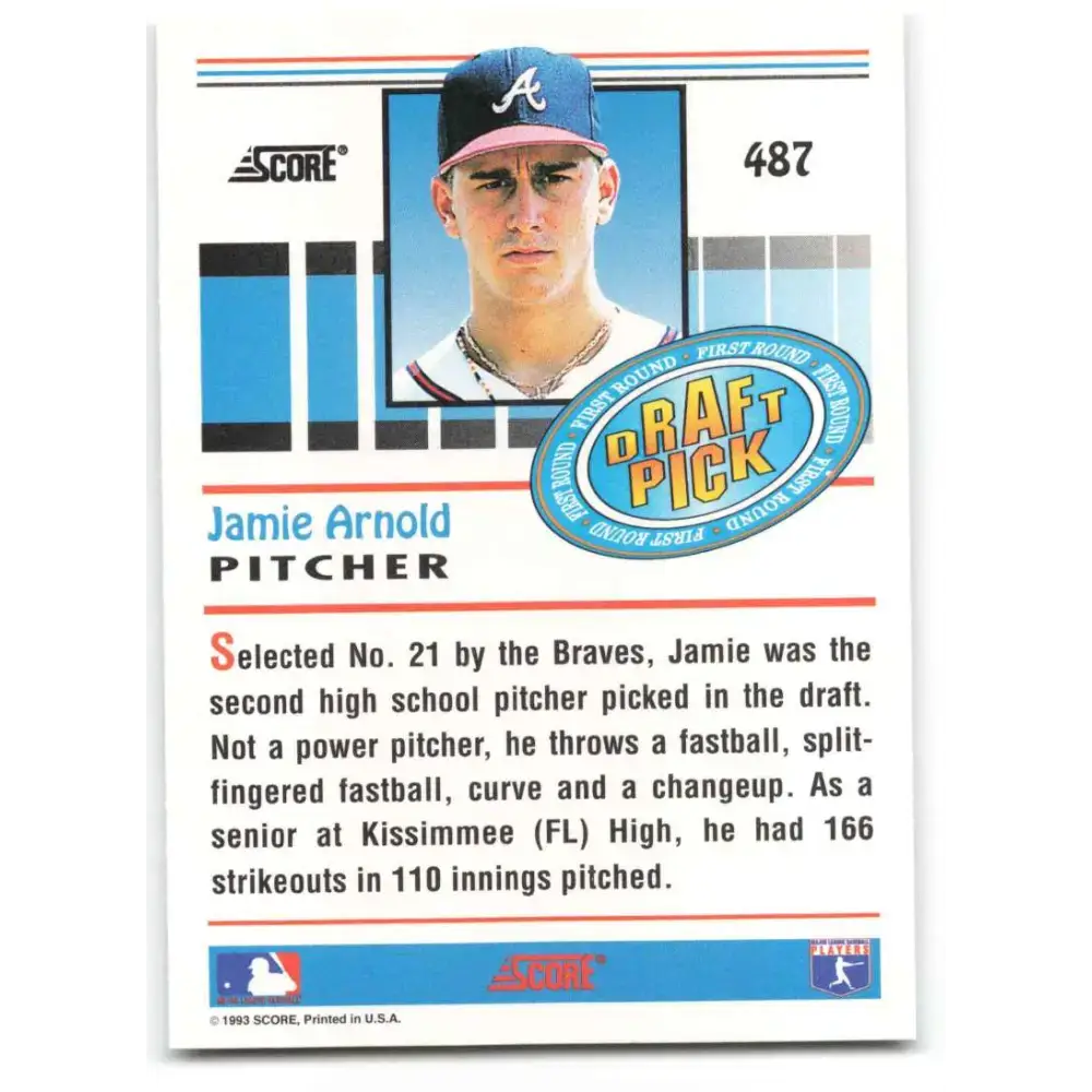 1993 Score #487 Jamie Arnold NM-MT RC Rookie Atlanta Braves Baseball Card - Baseball Card Single